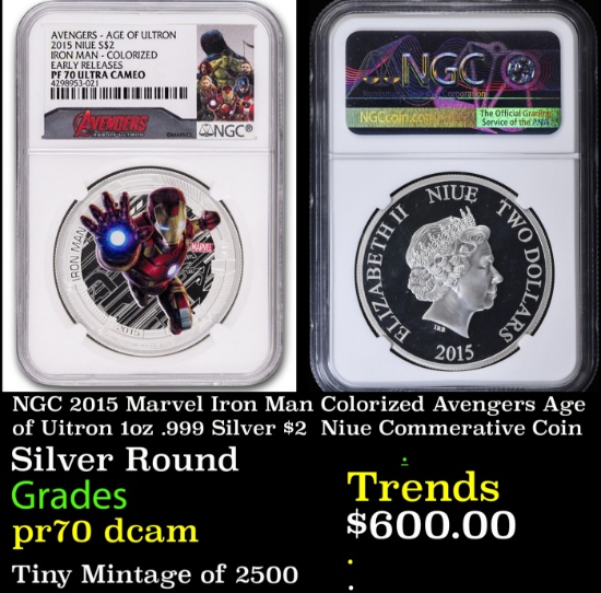 NGC NGC 2015 Marvel Iron Man Colorized Avengers Age of Uitron 1oz .999 Silver $2  Niue Commerative C