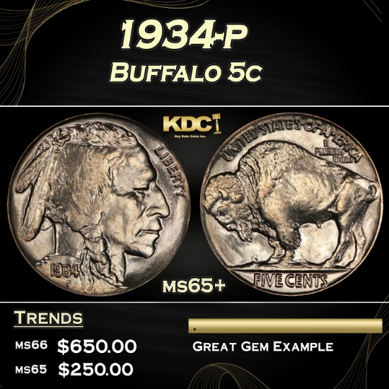 1934-p Buffalo Nickel 5c Grades ms65+