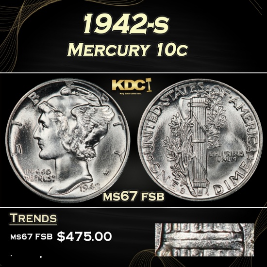 1942-s Mercury Dime 10c Grades ms67 fsb