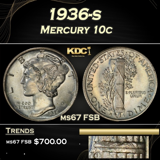 1936-s Mercury Dime 10c Grades ms67 FSB