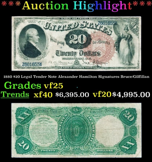 1880 $20 Legal Tender Note Alexander Hamilton Grades vf25 Signatures Bruce/Gilfillan