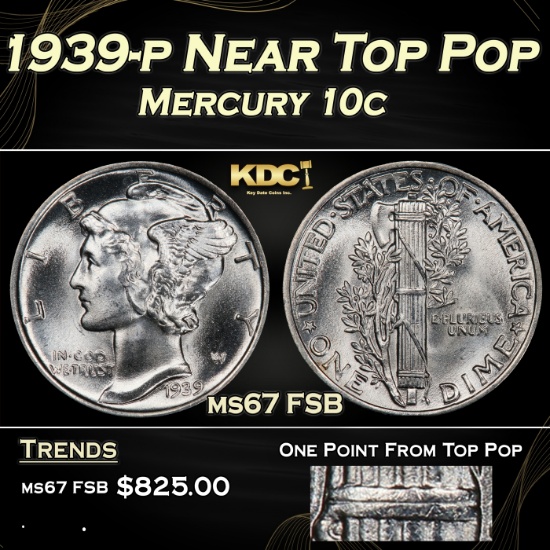 1939-p Mercury Dime Near Top Pop 10c ms67 FSB SEGS