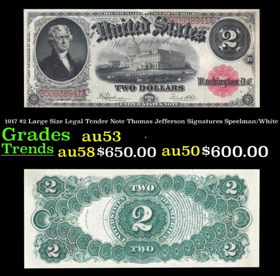 1917 $2 Large Size Legal Tender Note Thomas Jefferson Grades Select AU Signatures Speelman/White