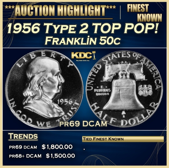 1956 Type 2 Proof Franklin Half Dollar TOP POP! 50c pr69 DCAM SEGS