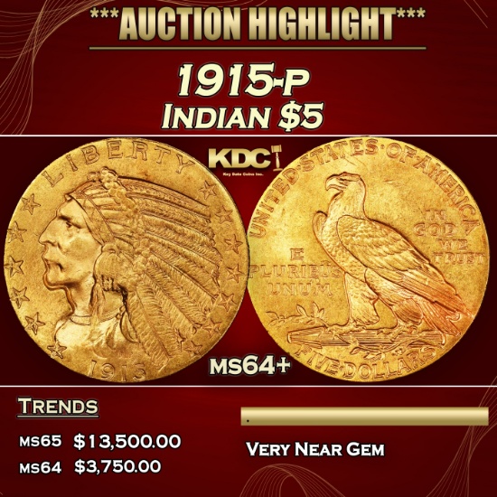 1915-p Gold Indian Half Eagle $5 Choice+ Unc USCG