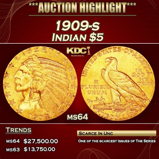 1909-s Gold Indian Half Eagle $5 Choice Unc USCG