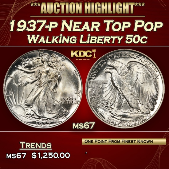 1937-p Walking Liberty Half Dollar Near Top Pop 50c ms67 SEGS