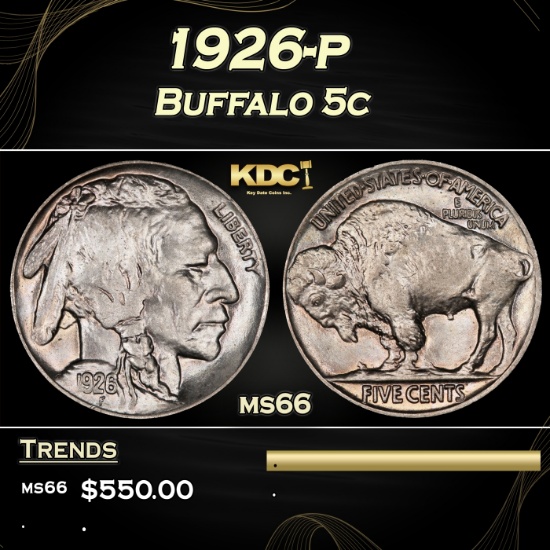 1926-p Buffalo Nickel 5c Grades ms66