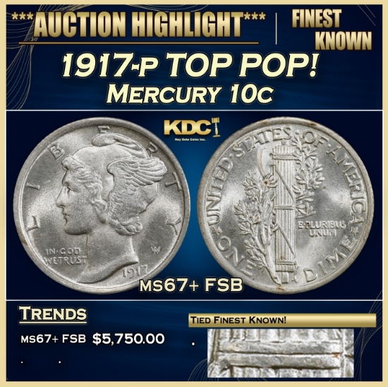 1917-p Mercury Dime TOP POP! 10c ms67+ FSB SEGS