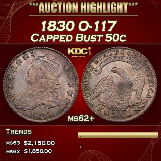 1830 Capped Bust Half Dollar O-117 50c ms62+ USCG