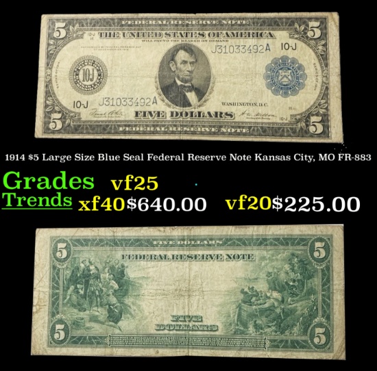 1914 $5 Large Size Blue Seal Federal Reserve Note Kansas City, MO Grades vf+ FR-883