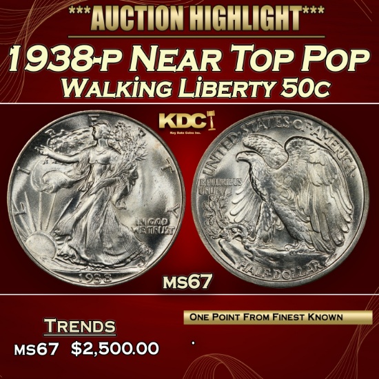 1938-p Walking Liberty Half Dollar Near Top Pop 50c ms67 SEGS
