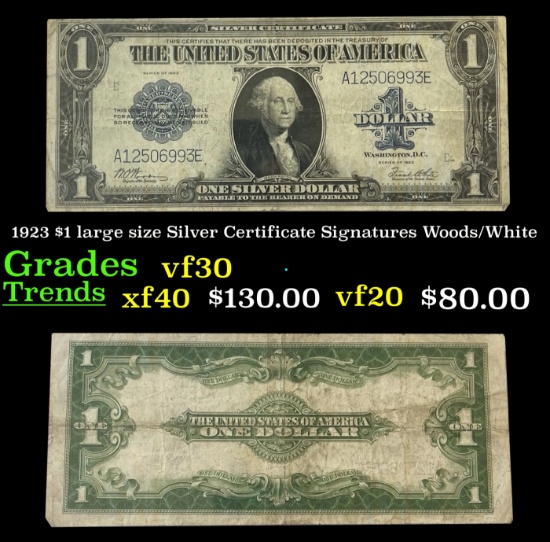 1923 $1 large size Silver Certificate Grades vf++ Signatures Woods/White