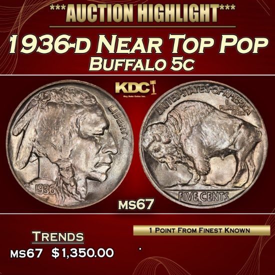 1936-d Buffalo Nickel Near Top Pop 5c ms67 SEGS