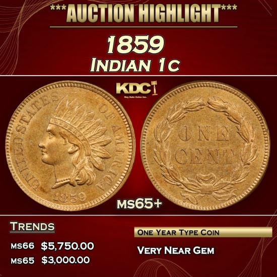 1859 Indian Cent 1c ms65+ SEGS