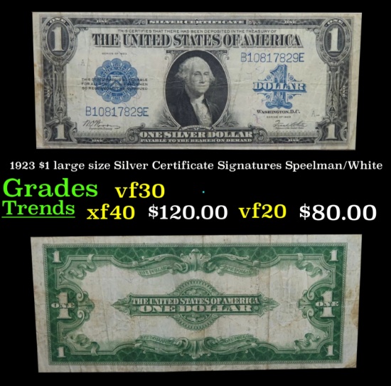 1923 $1 large size Silver Certificate Grades vf++ Signatures Speelman/White