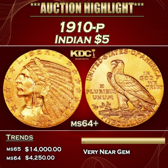 1910-p Gold Indian Half Eagle $5 Choice+ Unc USCG