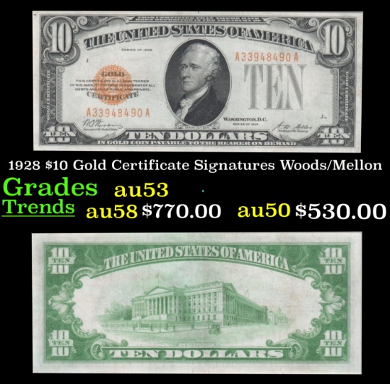1928 $10 Gold Certificate Signatures Woods/Mellon Grades Select AU