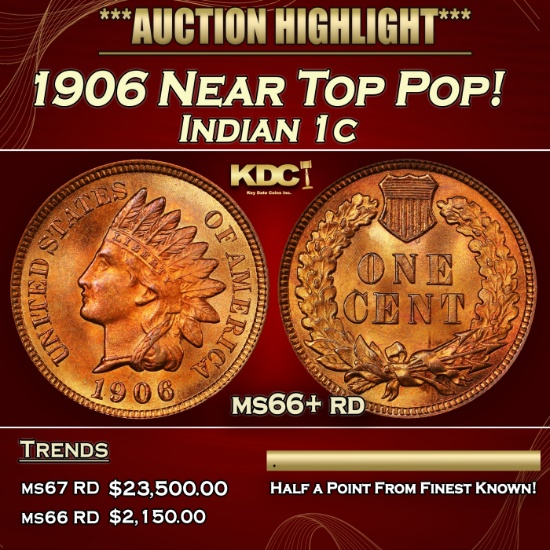 1906 Indian Cent Near Top Pop! 1c ms66+ rd SEGS