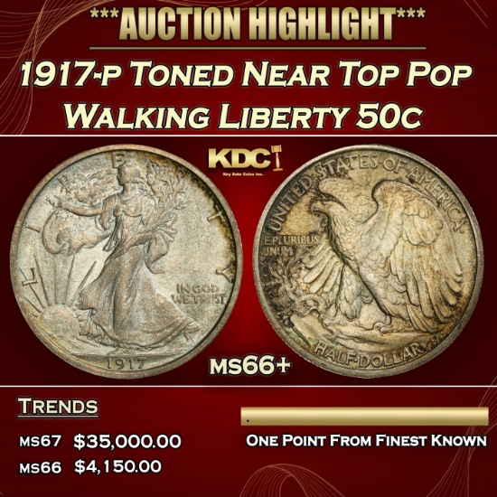1917-p Walking Liberty Half Dollar Toned Near Top Pop 50c Grades ms66+
