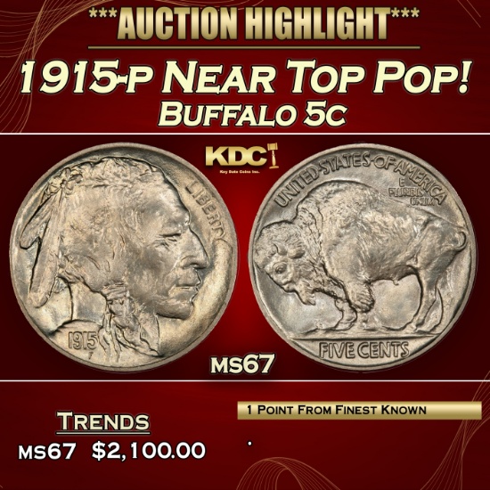 1915-p Buffalo Nickel Near Top Pop! 5c ms67 SEGS