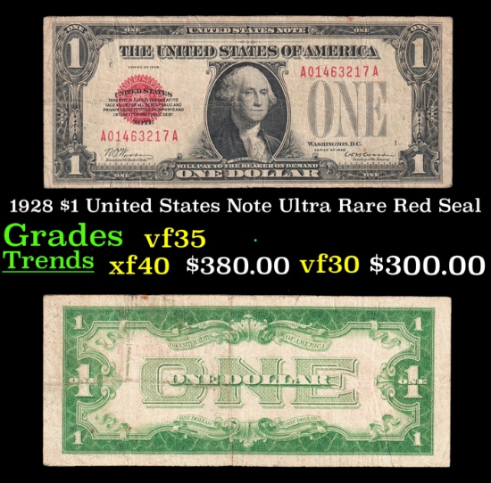 1928 $1 United States Note Ultra Rare Red Seal Grades vf++