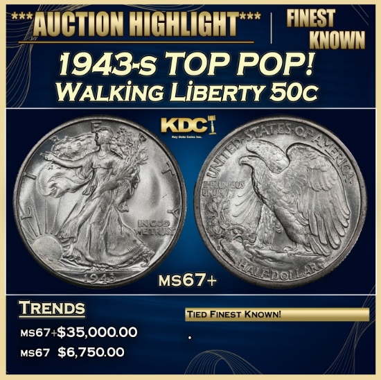 1943-s Walking Liberty Half Dollar TOP POP! 50c ms67+ SEGS
