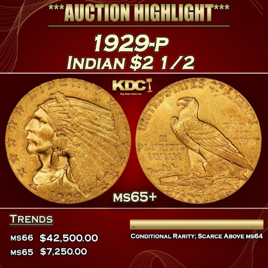 1929-p Gold Indian Quarter Eagle $2 1/2 ms65+ SEGS