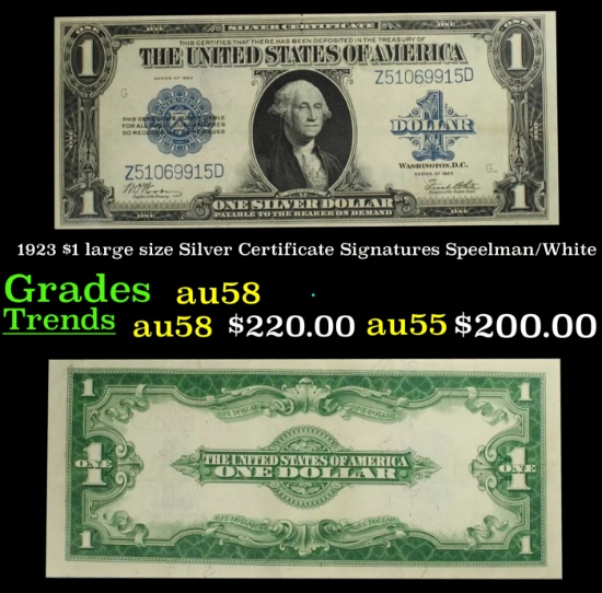 1923 $1 large size Silver Certificate Grades Choice AU/BU Slider Signatures Speelman/White