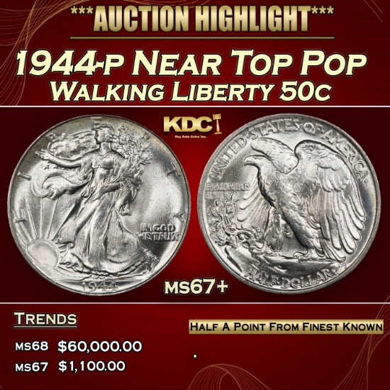 1944-p Walking Liberty Half Dollar Near Top Pop 50c ms67+ SEGS