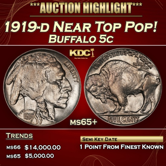 1919-d Buffalo Nickel Near Top Pop! 5c ms65+ SEGS