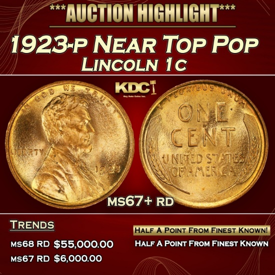 1923-p Lincoln Cent Near Top Pop 1c ms67+ rd SEGS
