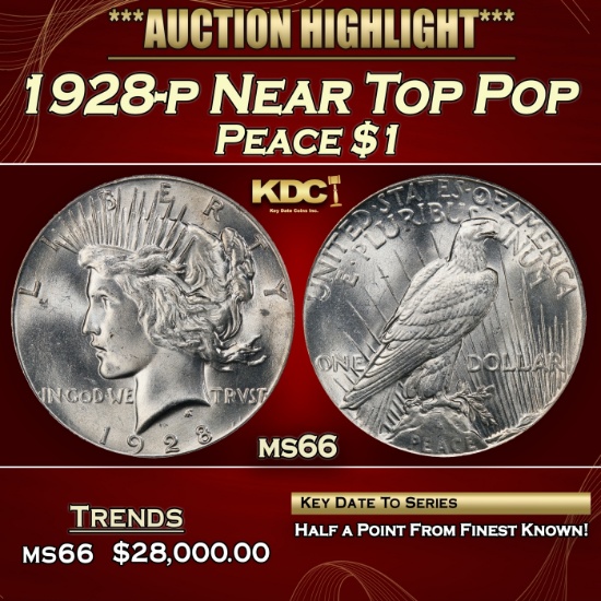 1928-p Peace Dollar Near Top Pop $1 ms66 SEGS