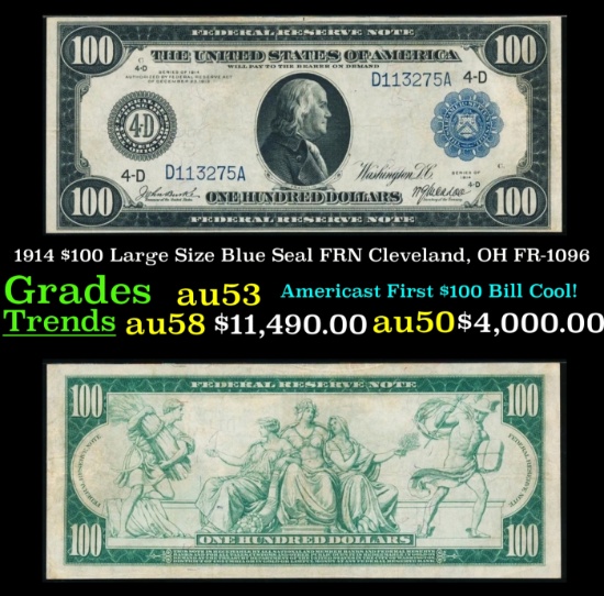 1914 $100 Large Size Blue Seal FRN Cleveland, OH Grades Select AU FR-1096