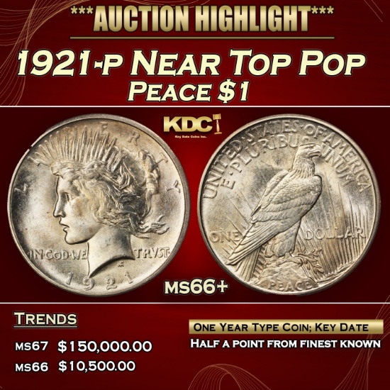 1921-p Peace Dollar Near Top Pop $1 ms66+ SEGS