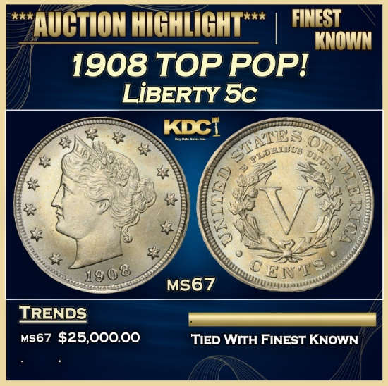 1908 Liberty Nickel TOP POP! 5c ms67 SEGS