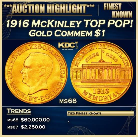 1916 McKinley Gold Commem Dollar TOP POP! 1 ms68 SEGS