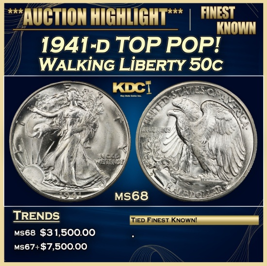 1941-d Walking Liberty Half Dollar TOP POP! 50c ms68 SEGS