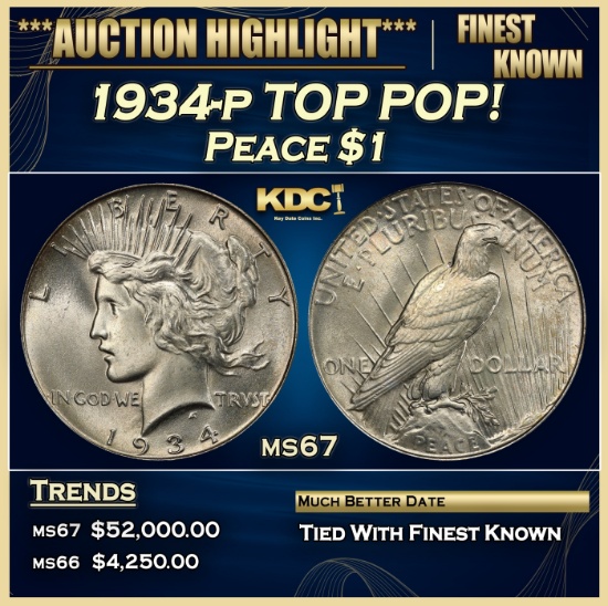1934-p Peace Dollar TOP POP! $1 ms67 SEGS