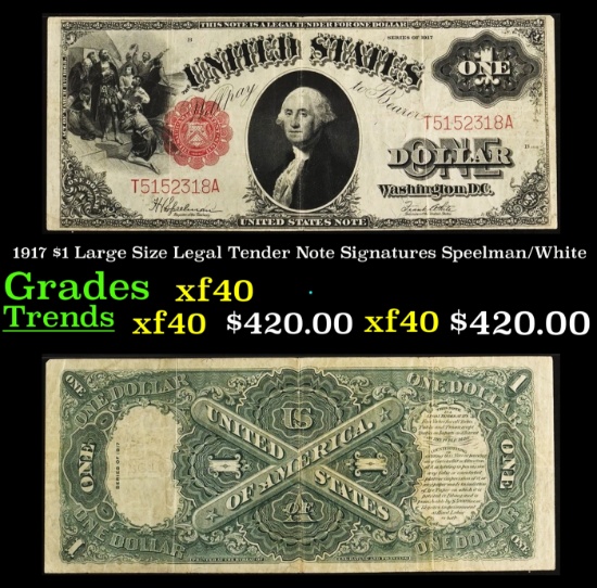 1917 $1 Large Size Legal Tender Note Grades xf Signatures Speelman/White