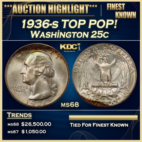 1936-s Washington Quarter TOP POP! 25c Grades ms68