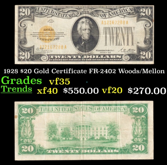 1928 $20 Gold Certificate FR-2402 Woods/Mellon Grades vf++