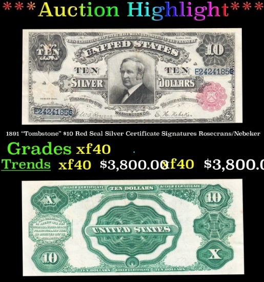 1891 $10 Red Seal Silver Certificate "Tombstone" Grades xf Signatures Rosecrans/Nebeker