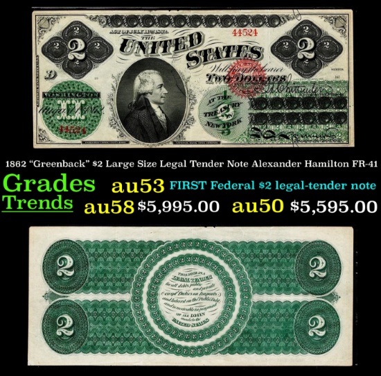 1862 $2 Large Size Legal Tender Note "Greenback" Alexander Hamilton Grades Select AU FR-41