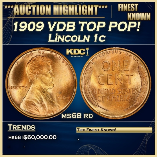 1909 VDB Lincoln Cent TOP POP! 1c ms68 rd SEGS