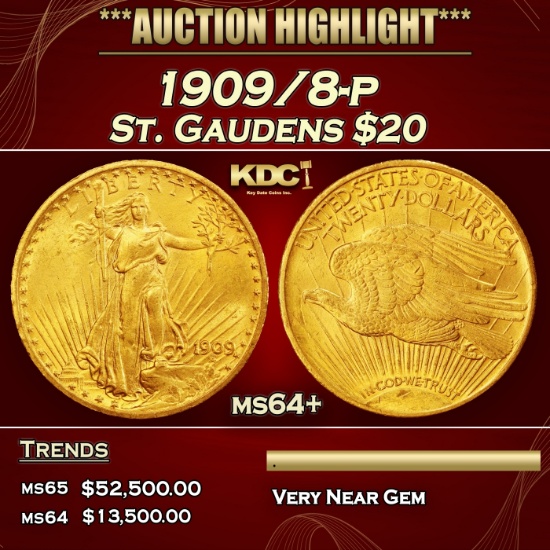 1909/8-p Gold St. Gaudens Double Eagle $20 ms64+ SEGS