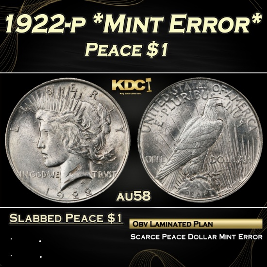 PCGS 1922-p Peace Dollar *Mint Error* $1 au58 PCGS