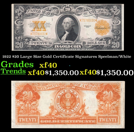 1922 $20 Large Size Gold Certificate Grades xf Signatures Speelman/White