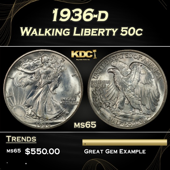 1936-d Walking Liberty Half Dollar 50c Grades ms65