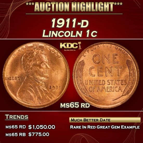 1911-d Lincoln Cent 1c ms65 rd SEGS